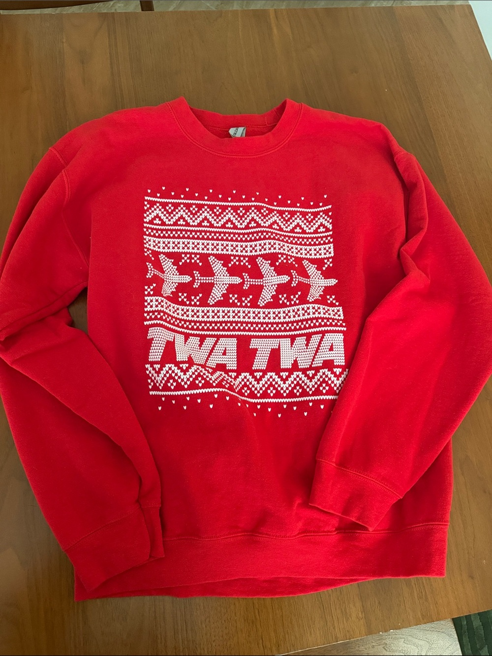 Red Crewneck Sweater with White TWA Graphic JFK hotel